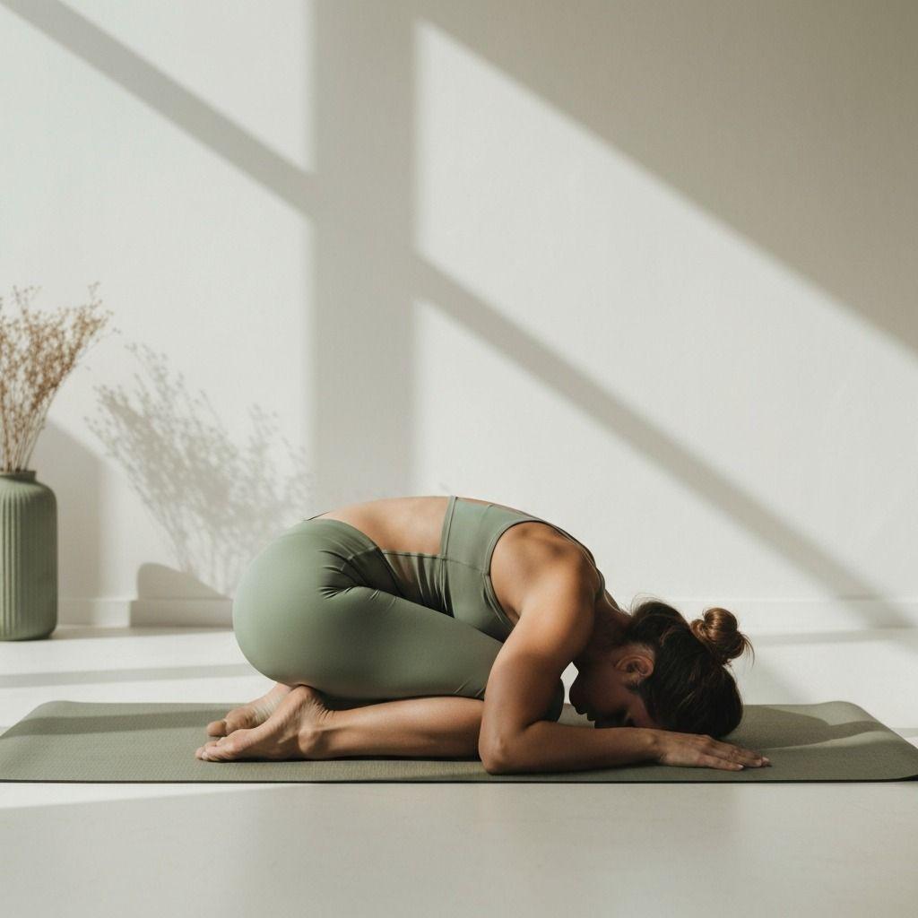 Practitioner balancing in Garudasana with arms and legs wrapped in the eagle bind
